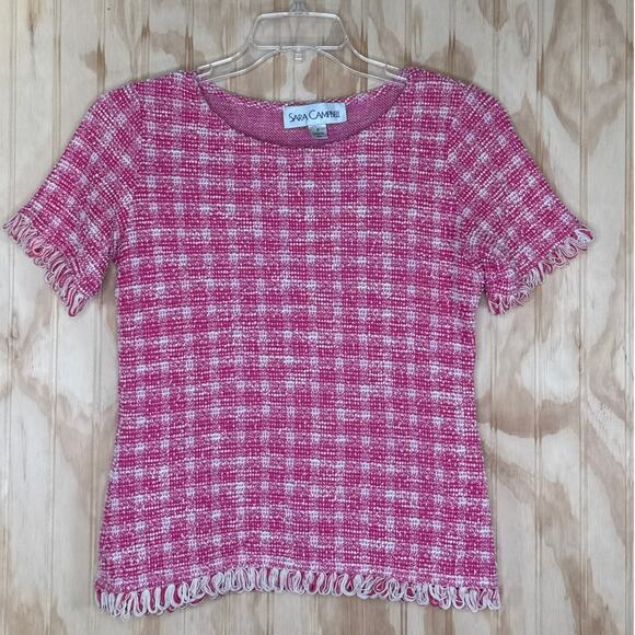 Sara Campbell Pink & White Tweed Shirt Size Small Blend Fringe Loop Trim - Picture 8 of 8